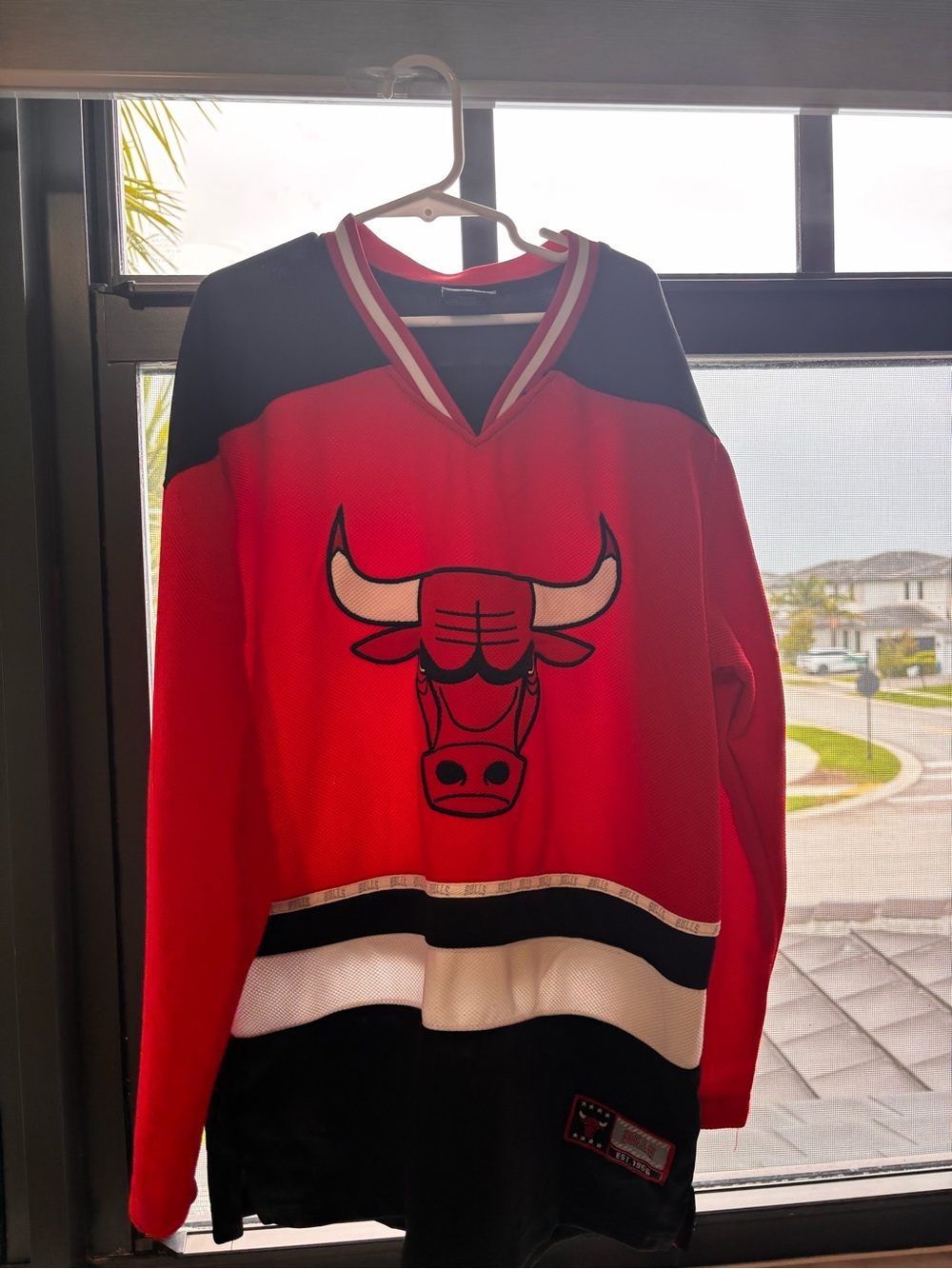 NBA Red Black White V-Neck Bulls Hockey Style Jersey
